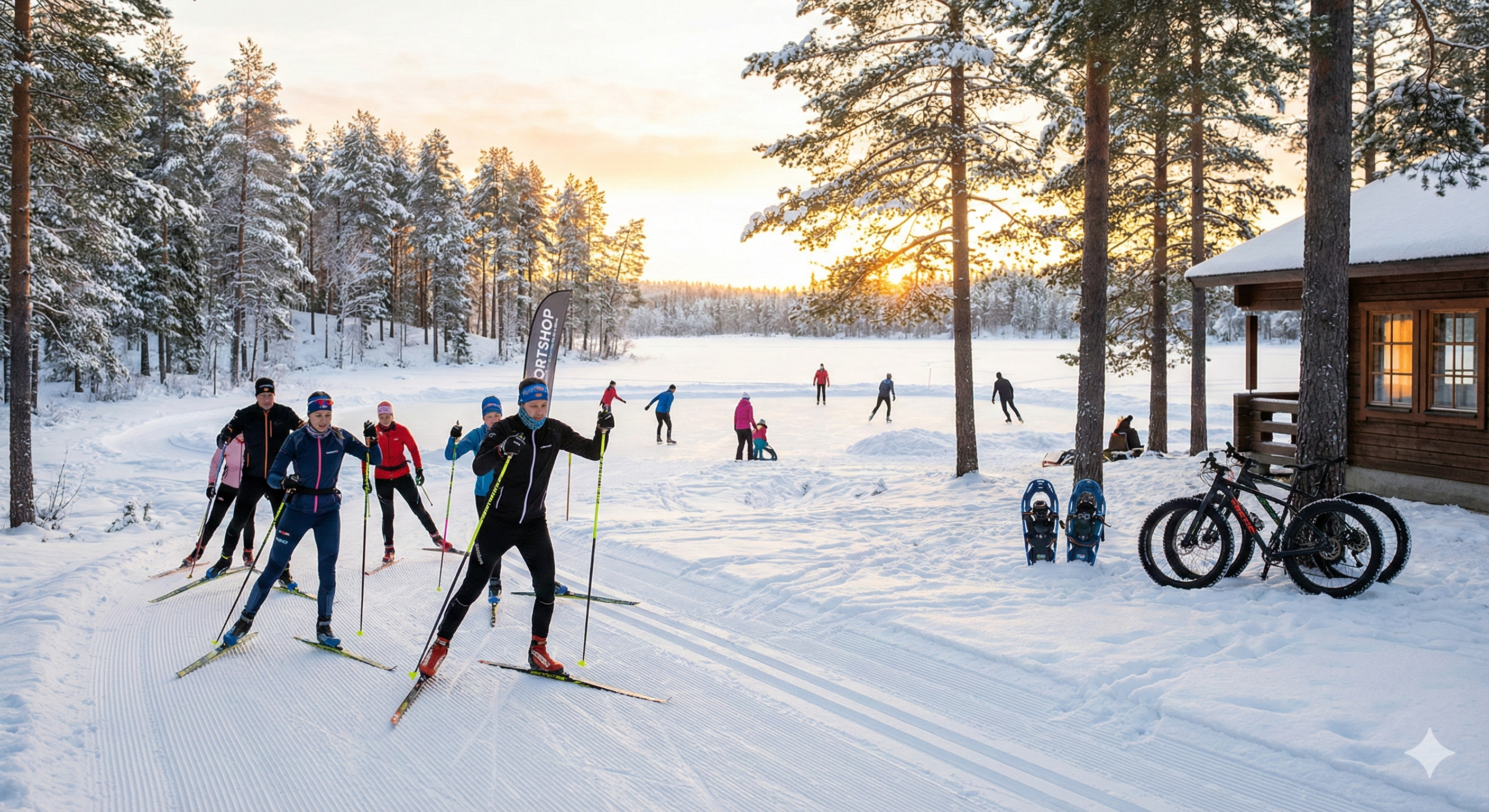 Talvinen ulkoilupäivä Vierumäellä: etualalla hiihtäjiä ja fatbike-pyöriä, taustalla luistelijoita järven jäällä auringonlaskussa.