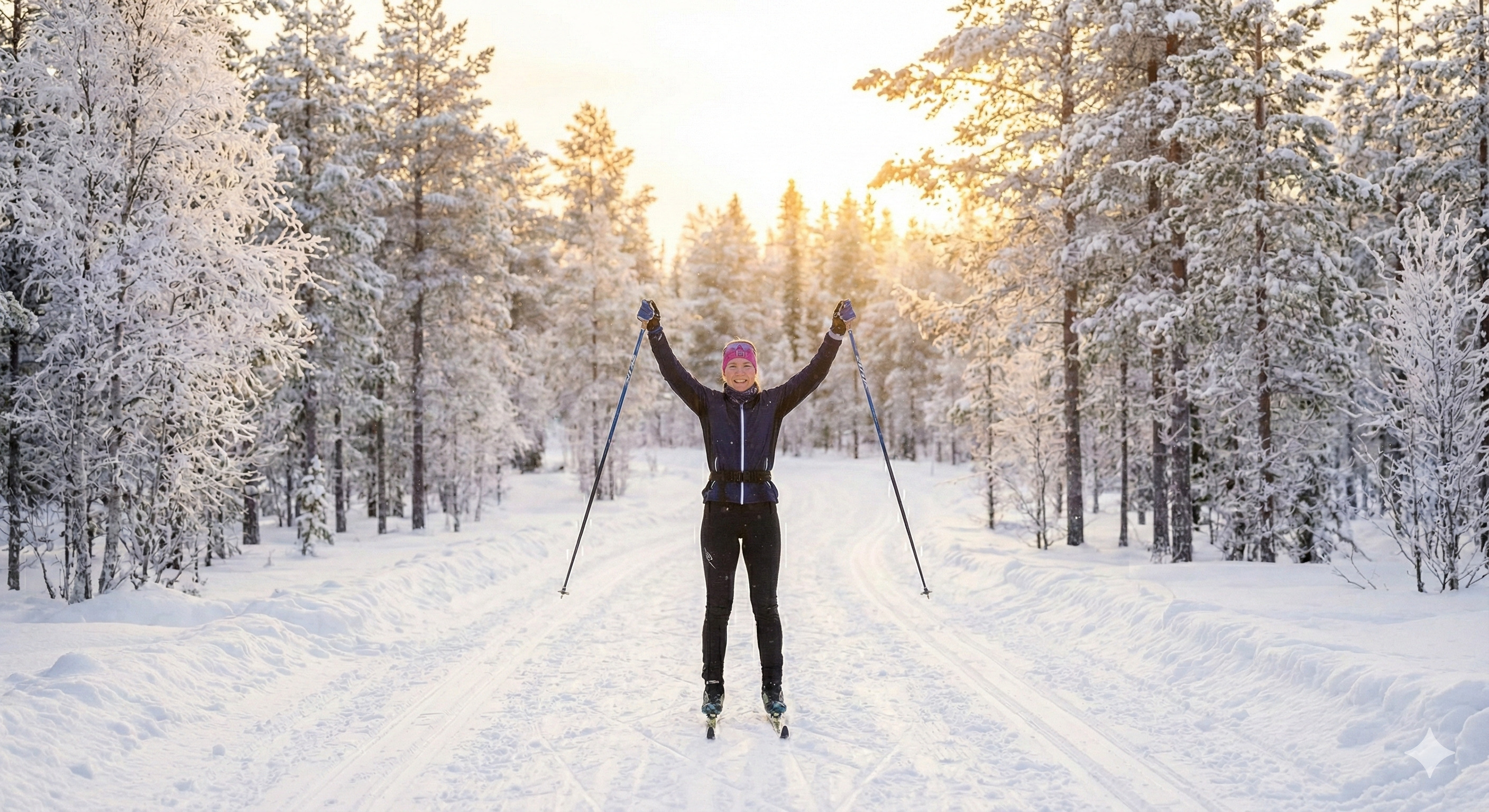Hiihtäjä poseeraa kädet ylhäällä perinteisen hiihtotavan ladulla. Taustalla on luminen metsä ja laskeva aurinko.