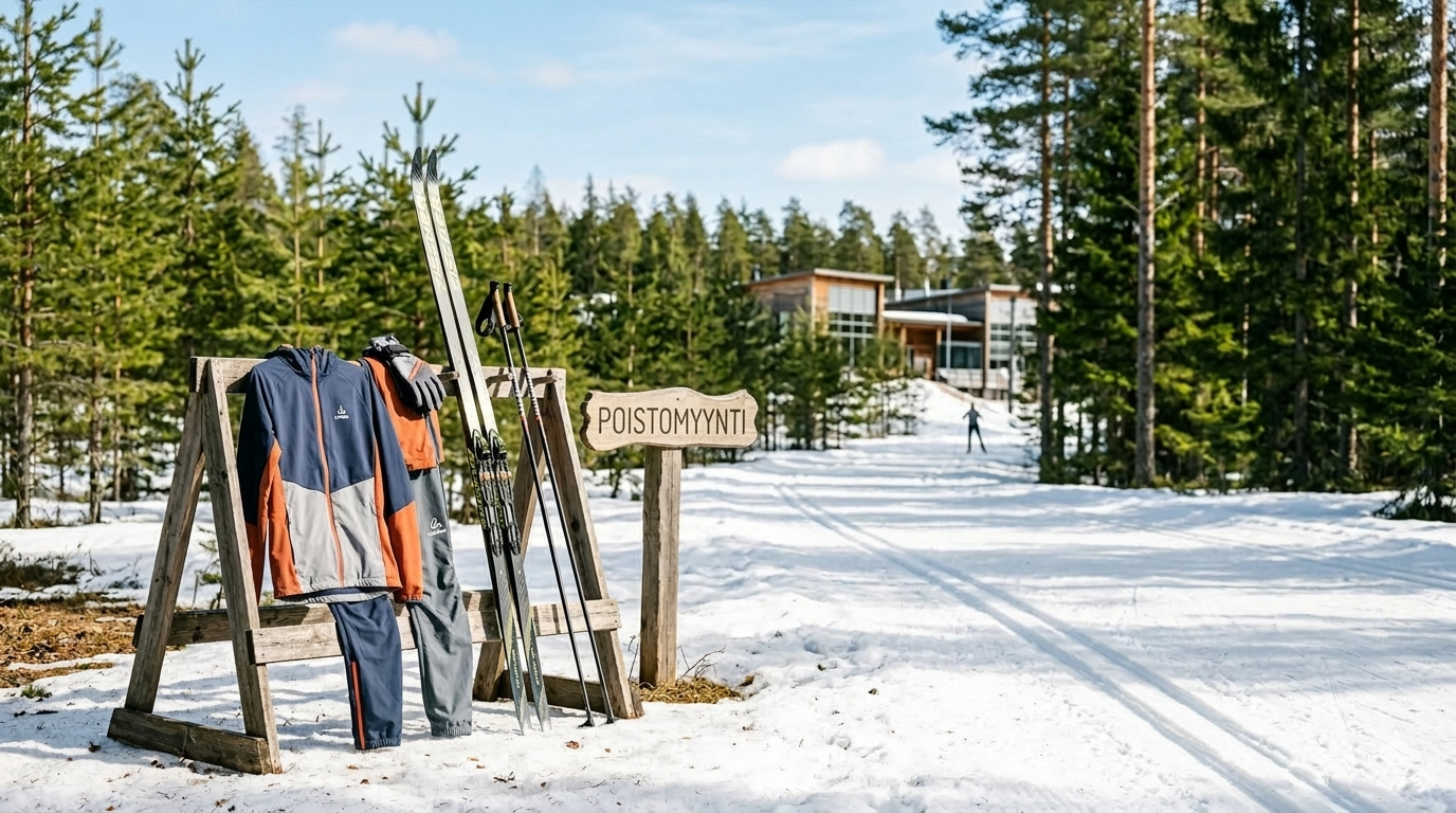 Kirkas kevättalven näkymä Vierumäellä, jossa tekninen hiihtoasu ja karvapohjasukset on aseteltu modernin urheiluhallin edustalle mäntymetsän katveeseen.  Kuvassa on myös tyylikäs puukyltti, jossa lukee Kausipoisto.